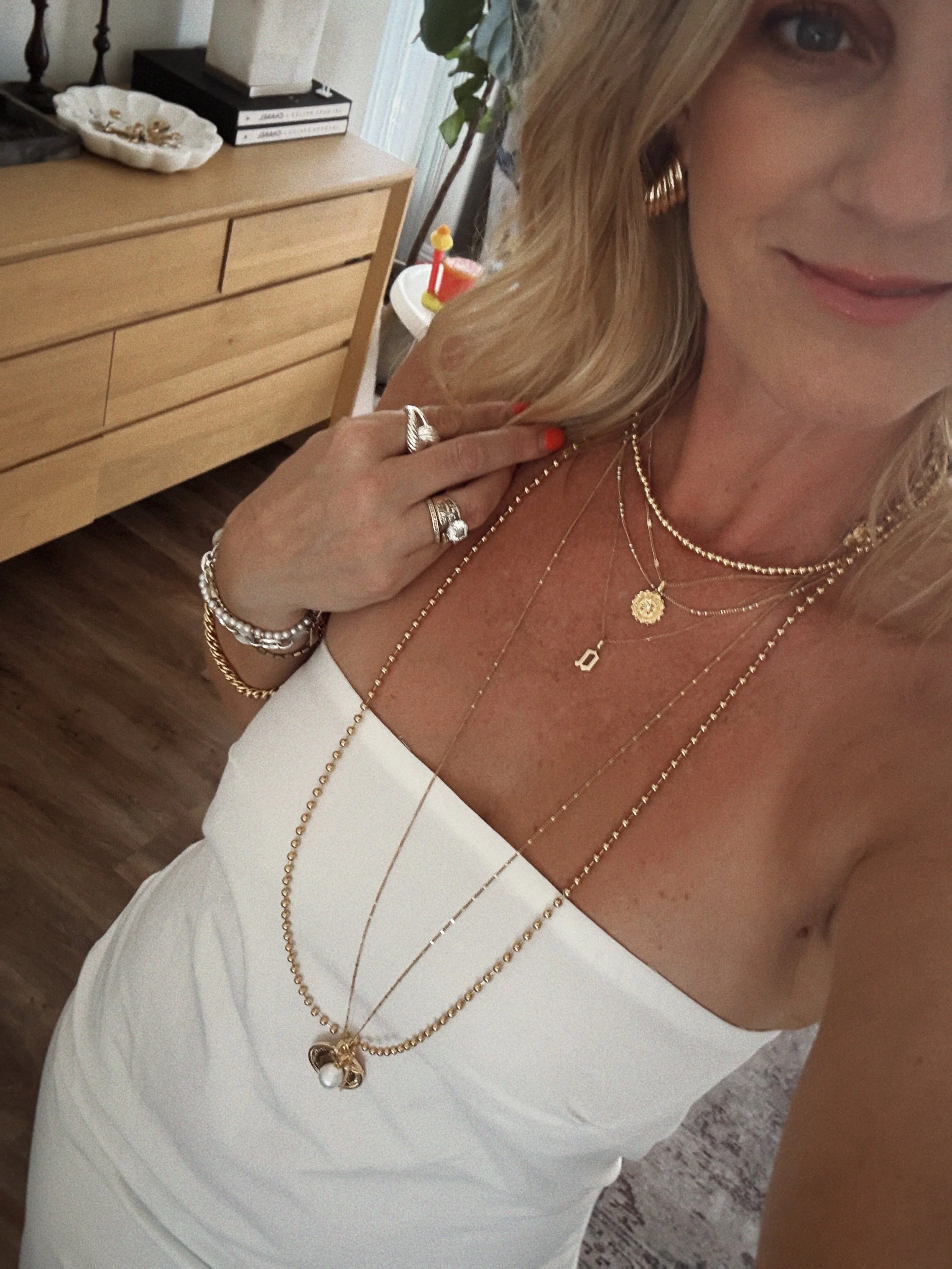 More is more. I&rsquo;m really into long necklaces right now, and a day on the water with friends while we had a sitter felt like the perfect time to layer on my @mirandafrye. Use code KATE for 15% off.