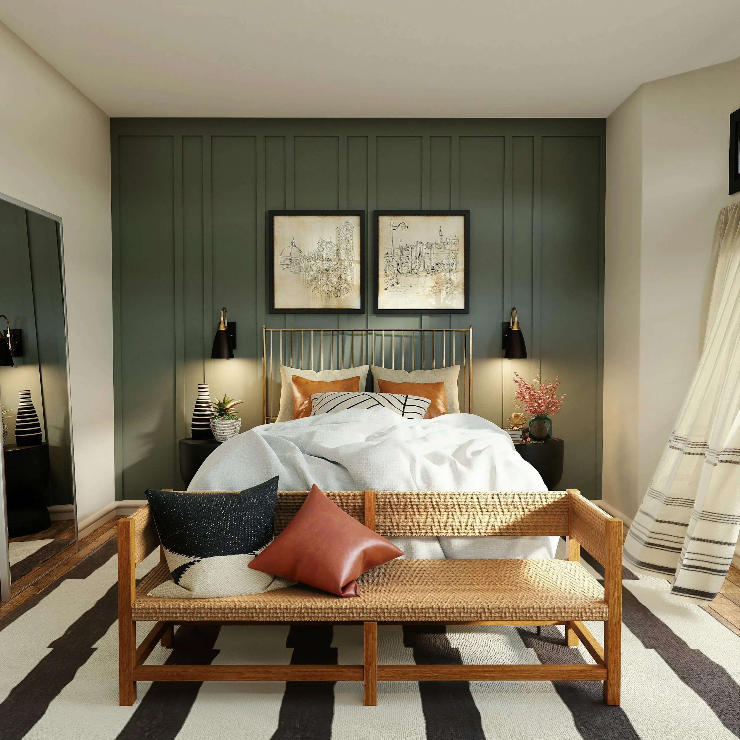 A modern bedroom featuring a bed with white bedding, decorative pillows, and a gold headboard. There is a black nightstand on each side of the bed with lamps, plants, and decor. The wall behind the bed has green paneling, with two framed artworks above. At the foot of the bed is a wooden bench with cushions. A large mirror and curtains are visible in the room, which has a white and black striped rug.
