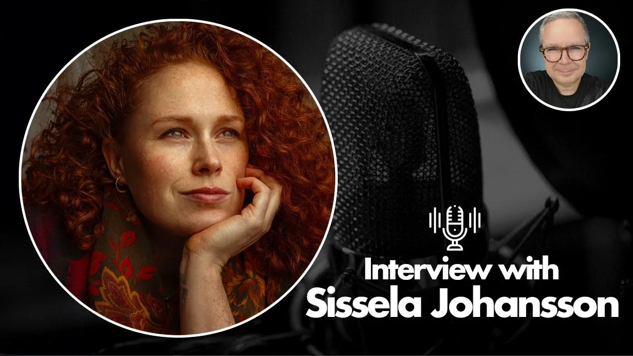 A promotional graphic for an interview with Sissela Johansson featuring a woman with red curly hair and a man with glasses, set against a black background with a microphone icon.