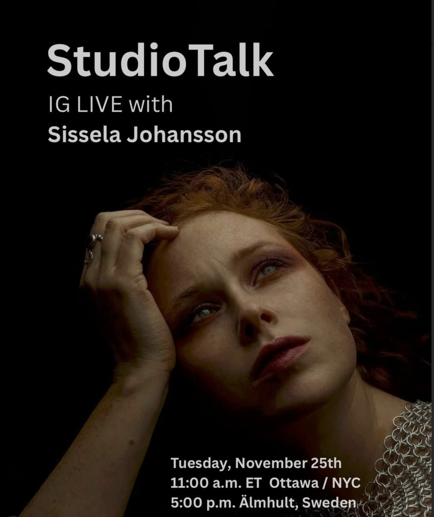 Poster for a live IG talk with Sissela Johansson, featuring a woman with red hair, lying down and holding her head, with event details listed.