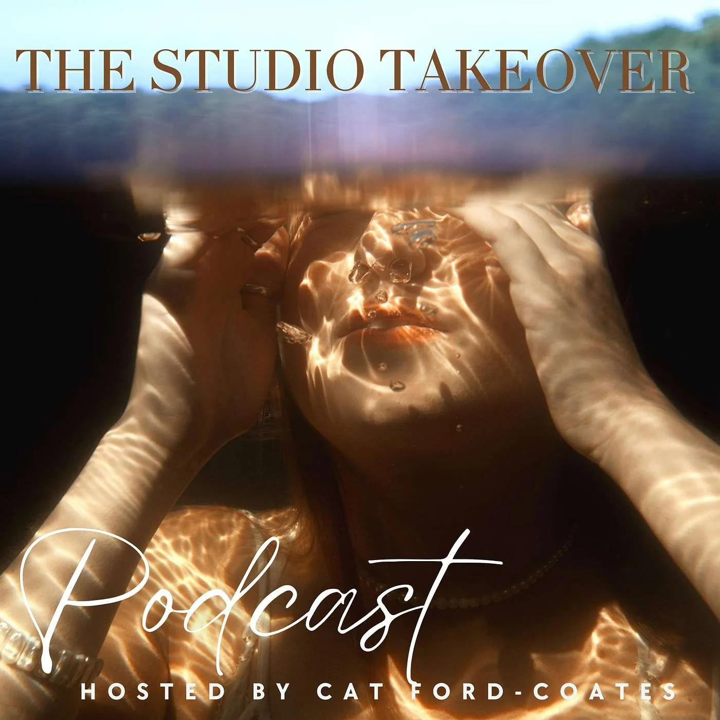 A woman wearing jewelry and a pearl necklace is submerged underwater with sunlight reflecting on her face and hands, creating rippling light patterns.