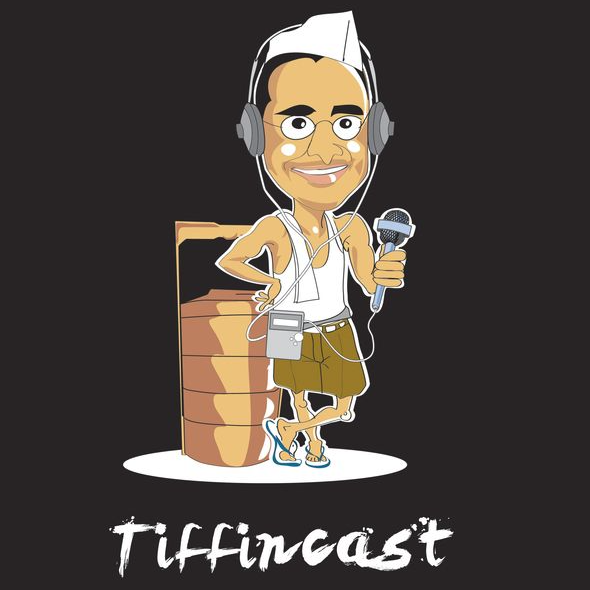 Cartoon character of a young man with glasses, wearing a tank top, shorts, and Flip-flops, holding a microphone, standing next to a tuba, with the word 'Tiffincast' written below.