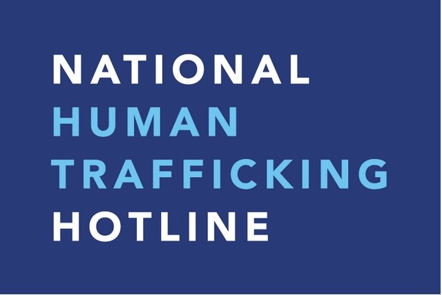 Graphic with text: National Human Trafficking Hotline on a dark blue background.