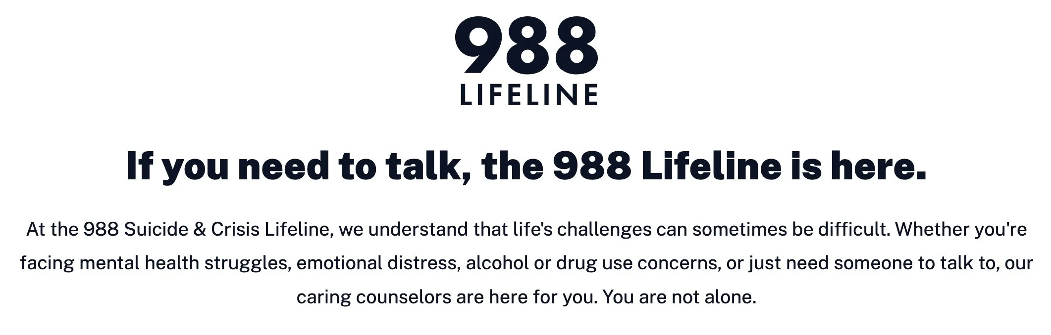 Text-based image with the 988 Lifeline logo and information about mental health crisis support services.