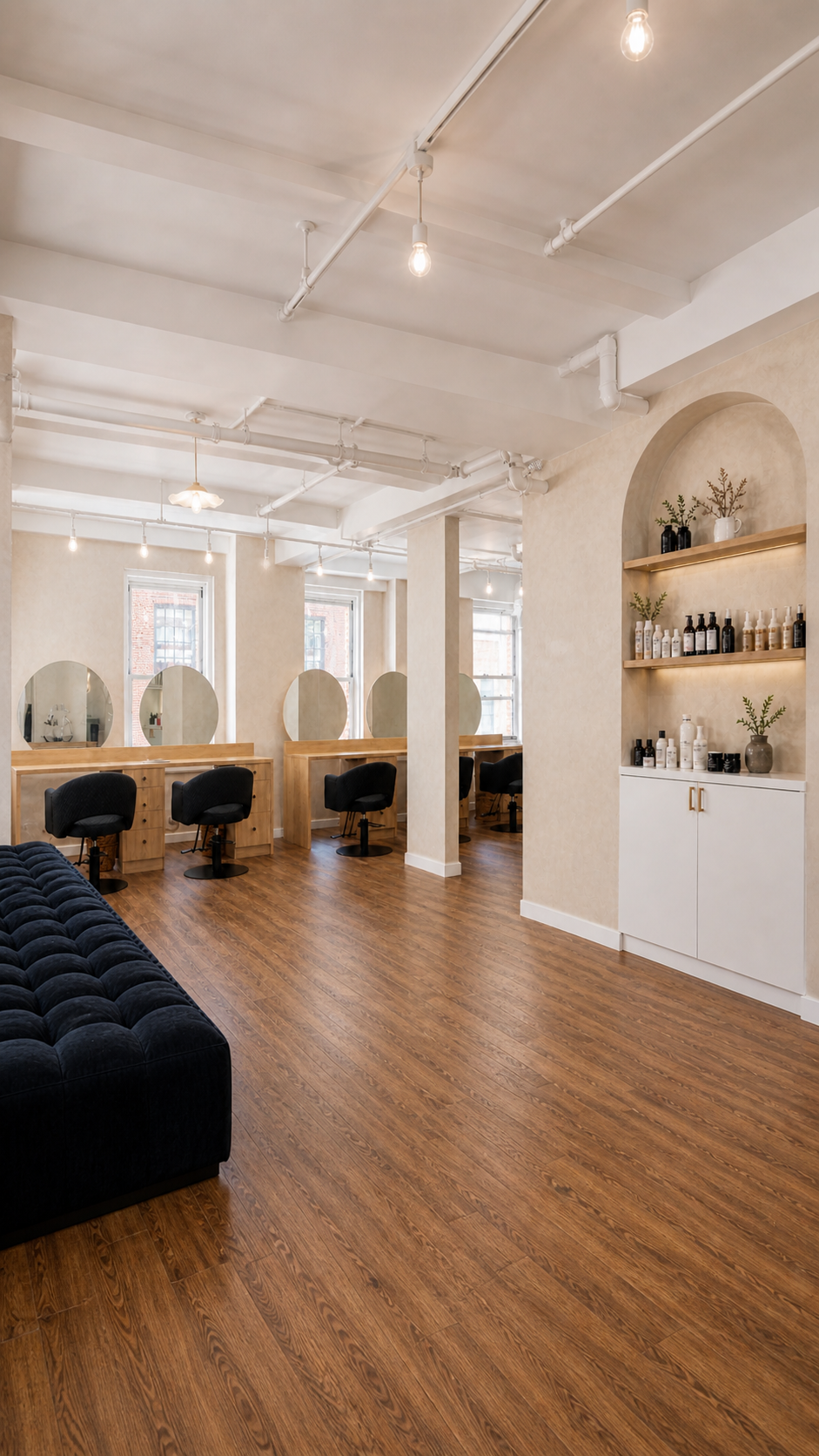 Interior of a modern, minimalist beauty salon or hair salon featuring free-standing mirrors, black salon chairs, a black tufted sofa, wooden flooring, and a white cabinet with shelves holding bottles and plants.