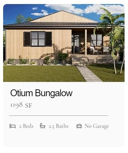 Otium model from MOMO by LuxMod, a beige bungalow house with black window shutters, a small porch with seating, palm trees, and a well-maintained lawn.