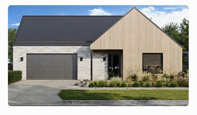 Modern house from MOMO by LuxMod with a combination of light brick and wooden exterior, a black garage door, and a front yard with landscaping.