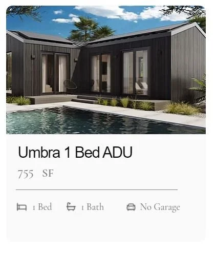 Umbra 1-bedroom ADU from MOMO by LuxMod, with large sliding glass doors, situated next to a pool, with outdoor seating and greenery, under a partly cloudy sky.