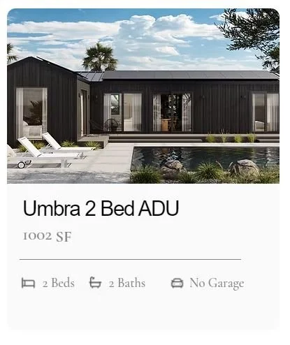 Umbra ADU model from MOMO by LuxMod, with large windows and an outdoor pool, two lounge chairs by the poolside, and a spacious patio area, under a partly cloudy sky.