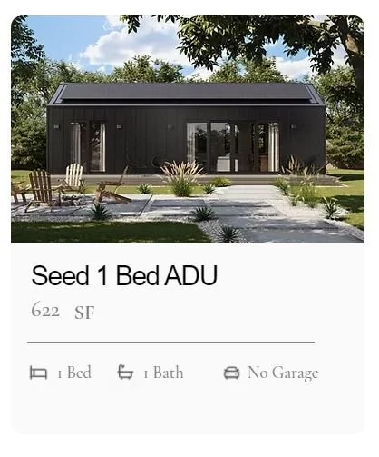 Seed ADU from MOMO by LuxMod, dark exterior, situated on a landscaped yard with chairs and plants, listed as a Seed 1 Bed ADU, 622 square feet, with one bedroom, one bathroom, and no garage.
