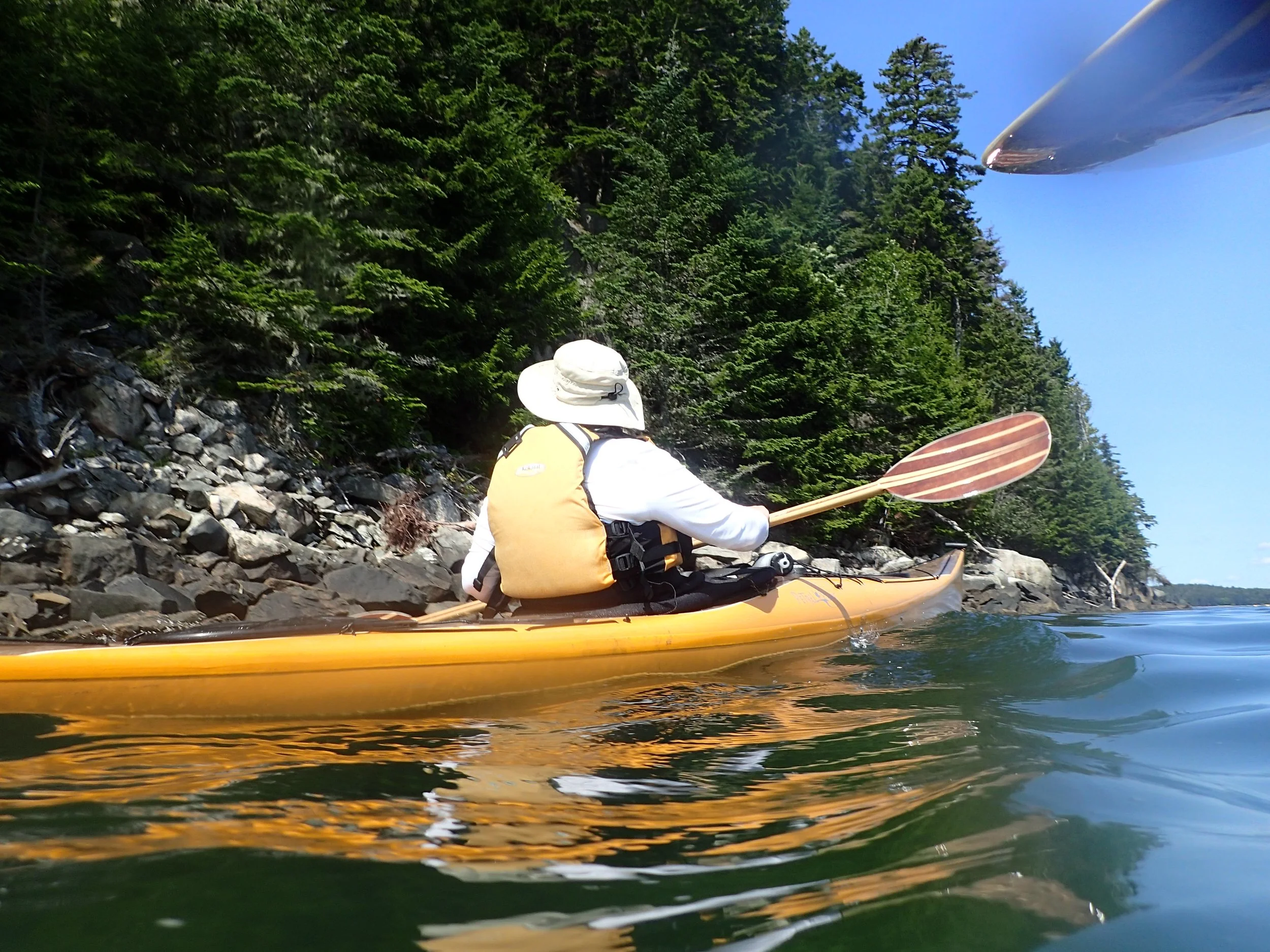 Person kayaking on a clear body of water next to a rocky shoreline with dense green forest, wearing a hat and life jacket, holding a paddle.