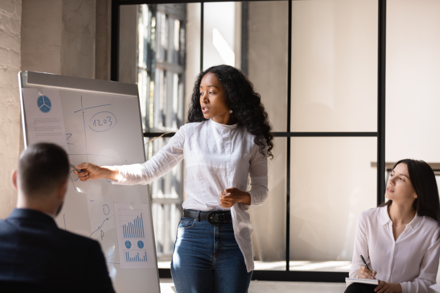 Manager coaching team members through a decision instead of making it for them