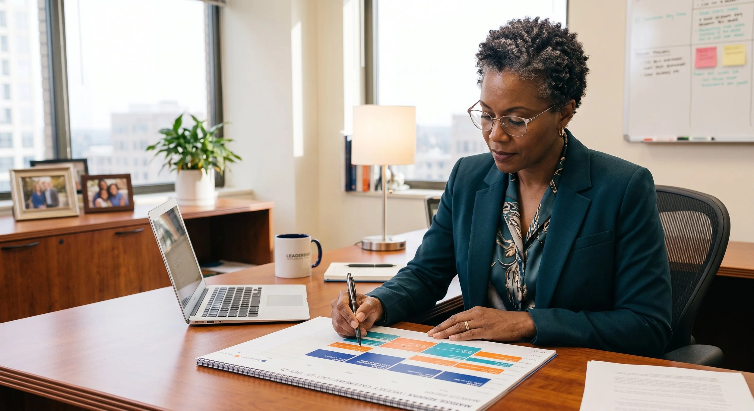 Leader reviewing a weekly calendar blocked into focus time and meetings