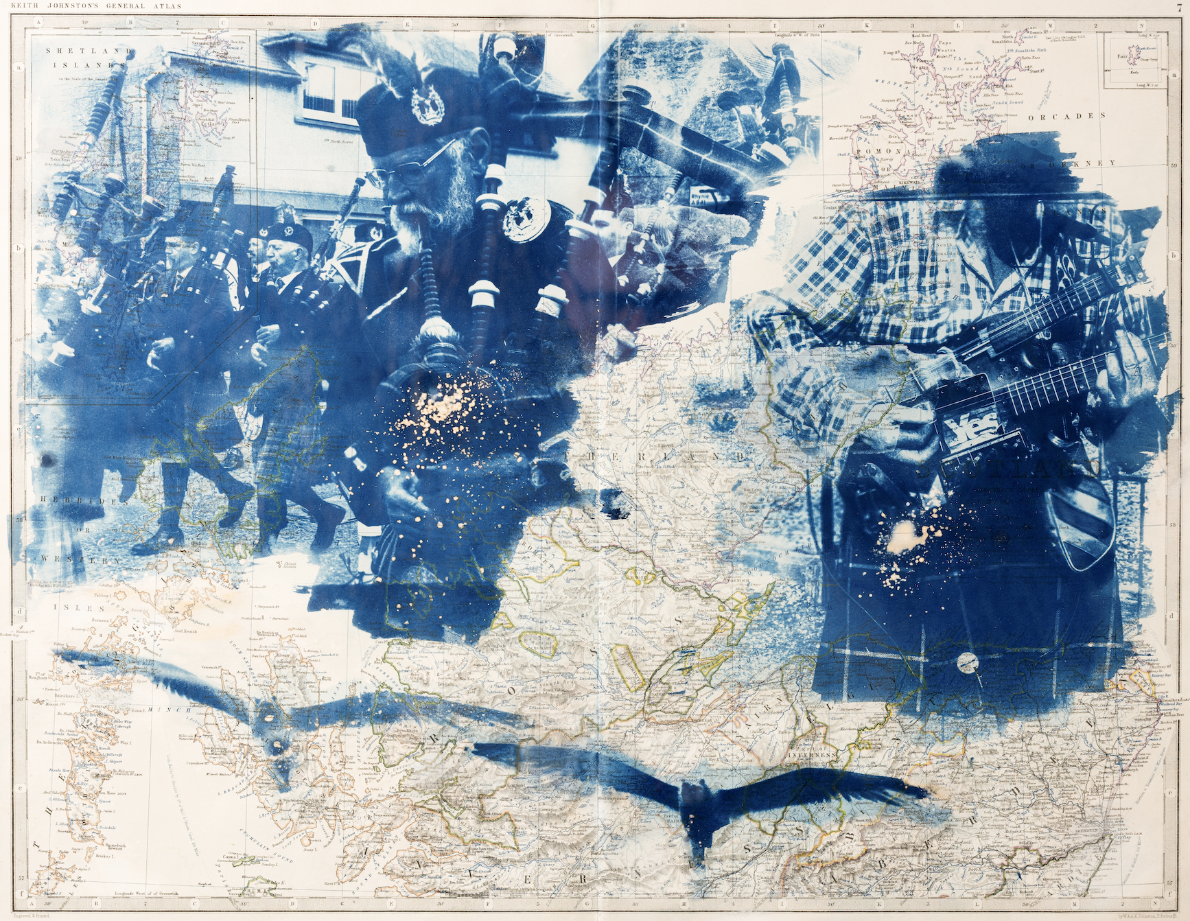 Maps, cyanotypes on antique map, 2026