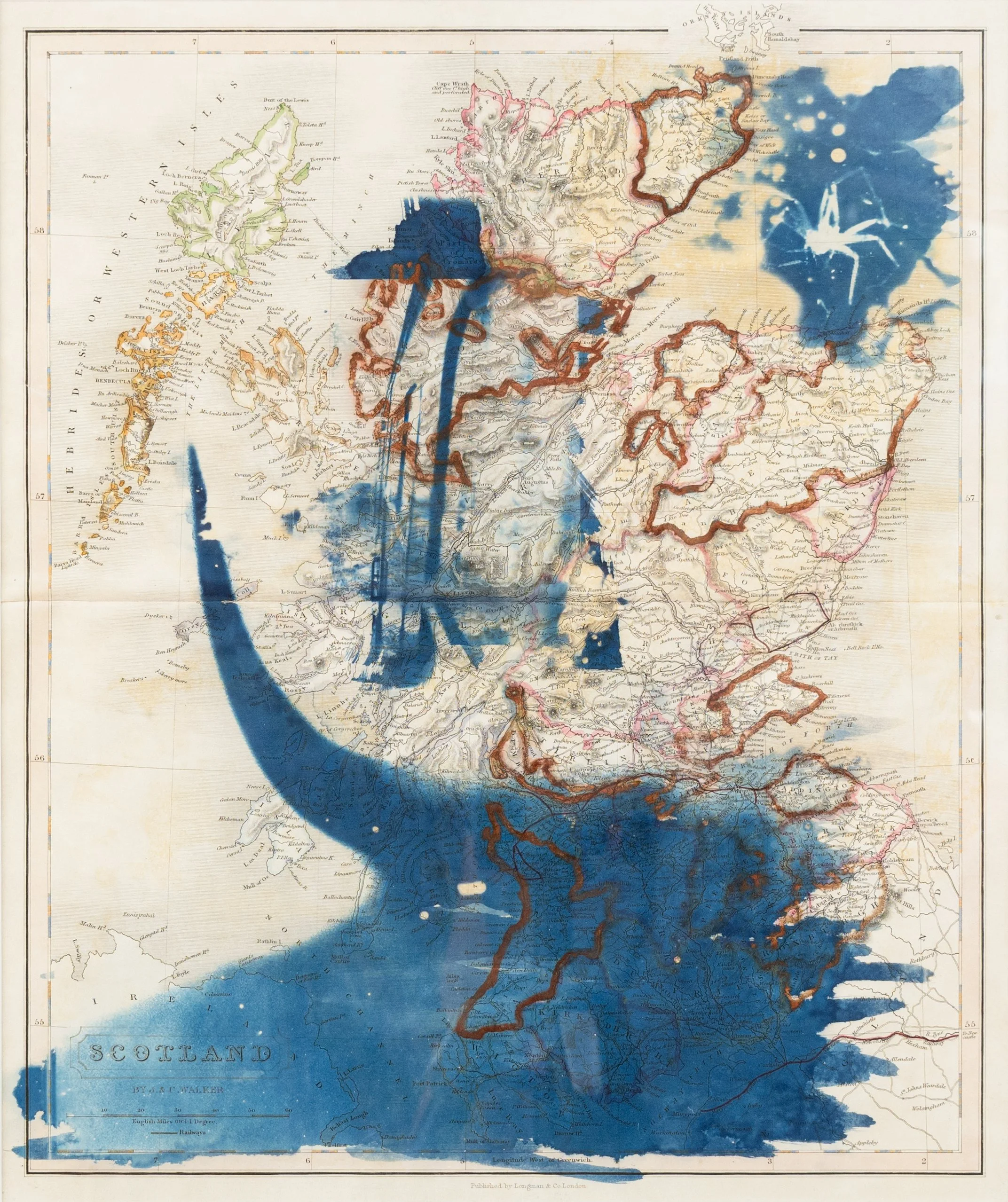 Maps, cyanotypes on antique map, 2026