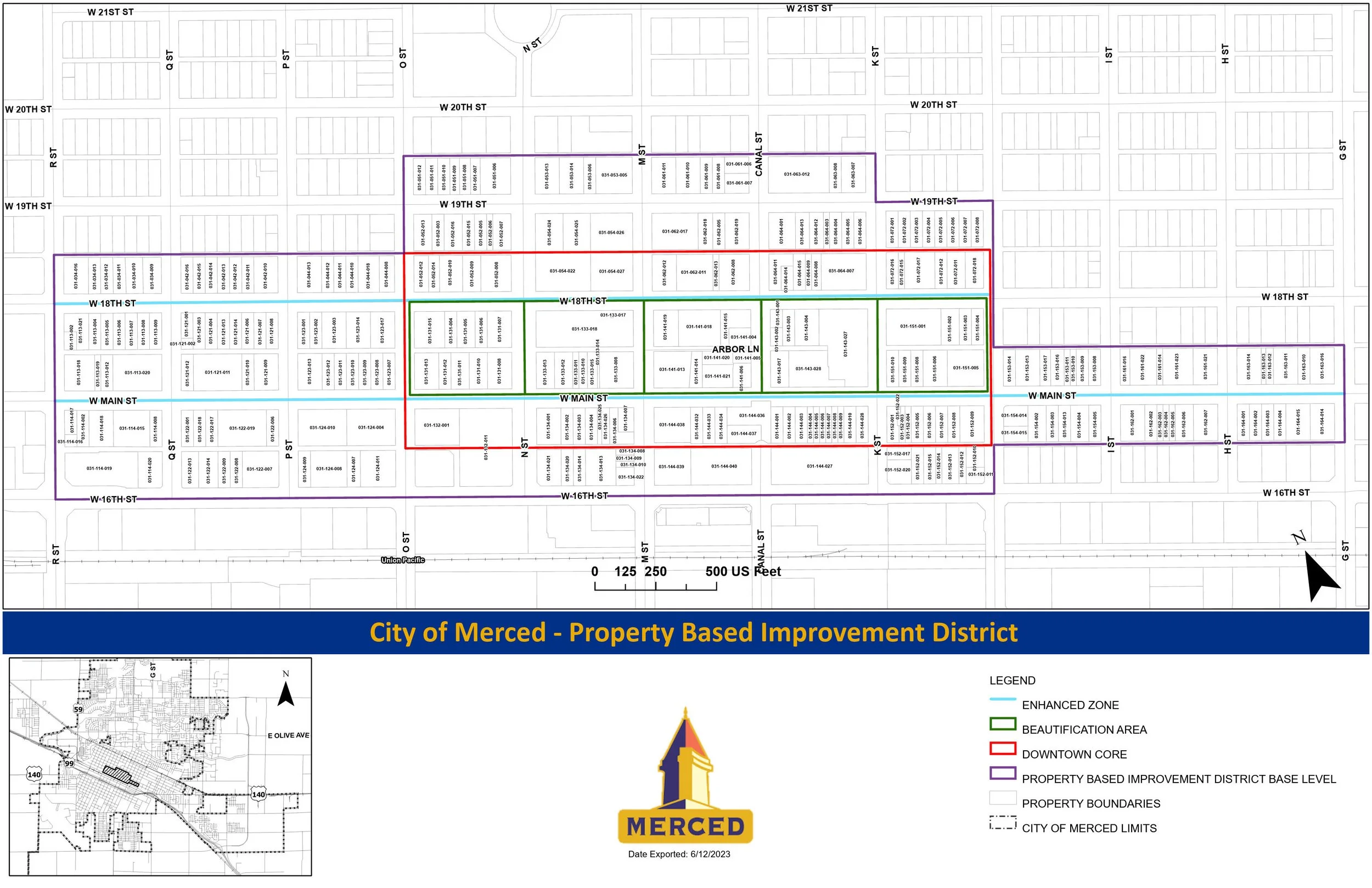 Map of Merced City showing property boundaries, streets, and improvement zones with a legend, and a small inset map of the city layout. Streets are labeled, with a focus on the district area outlined in various colors.
