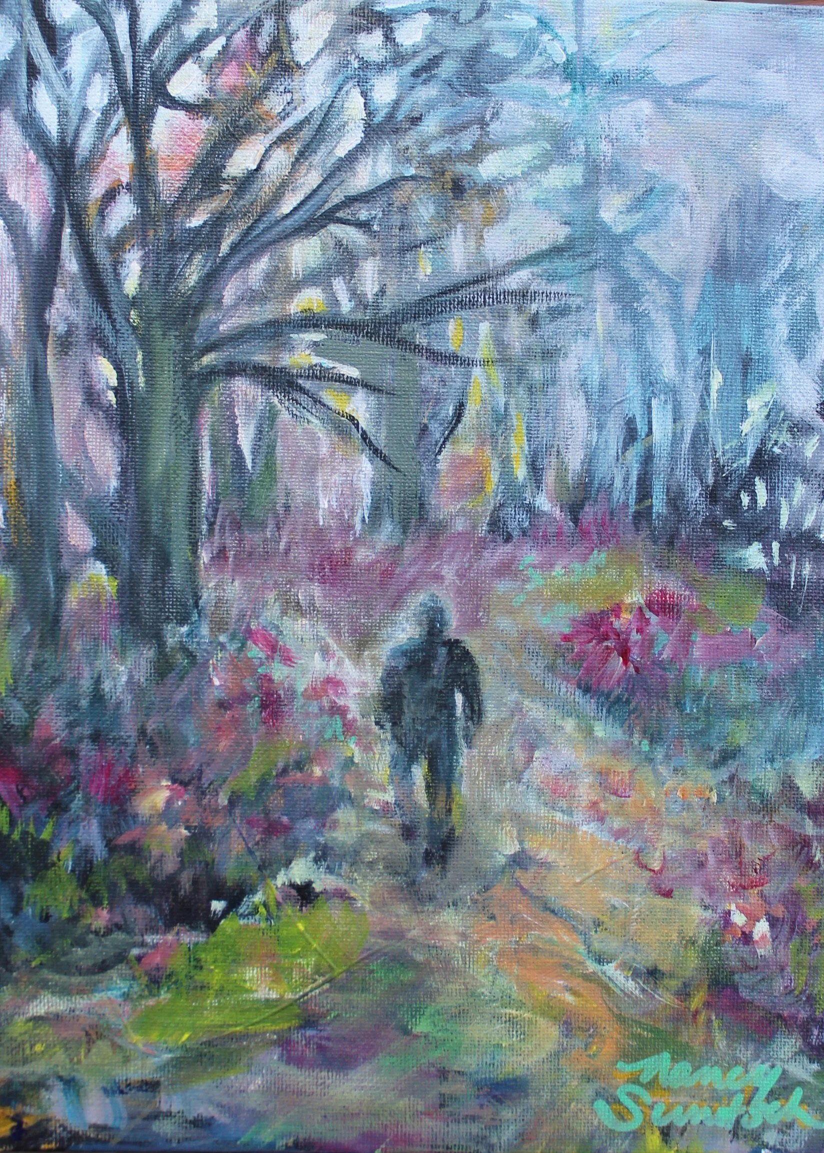 On His Walk, 2026.  Acrylic on Canvas Panel, 9 x 12"