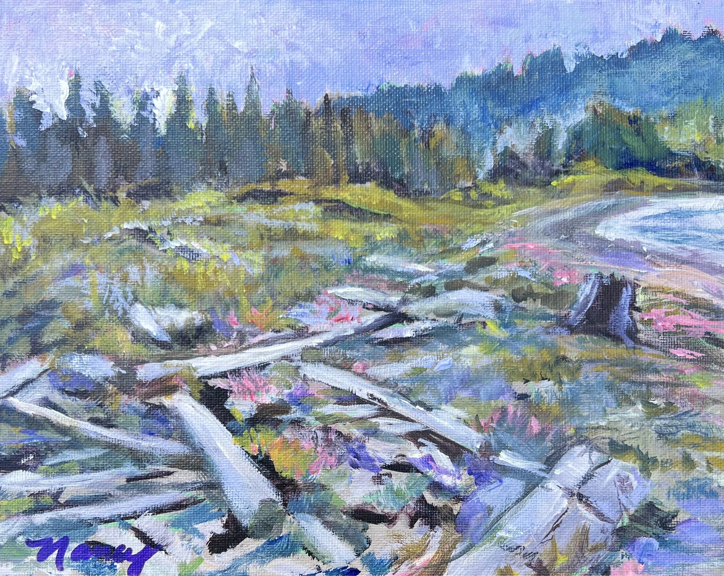 Purple Beach, 2024. Acrylic on Canvas Board, 8 x 10". Sold.
