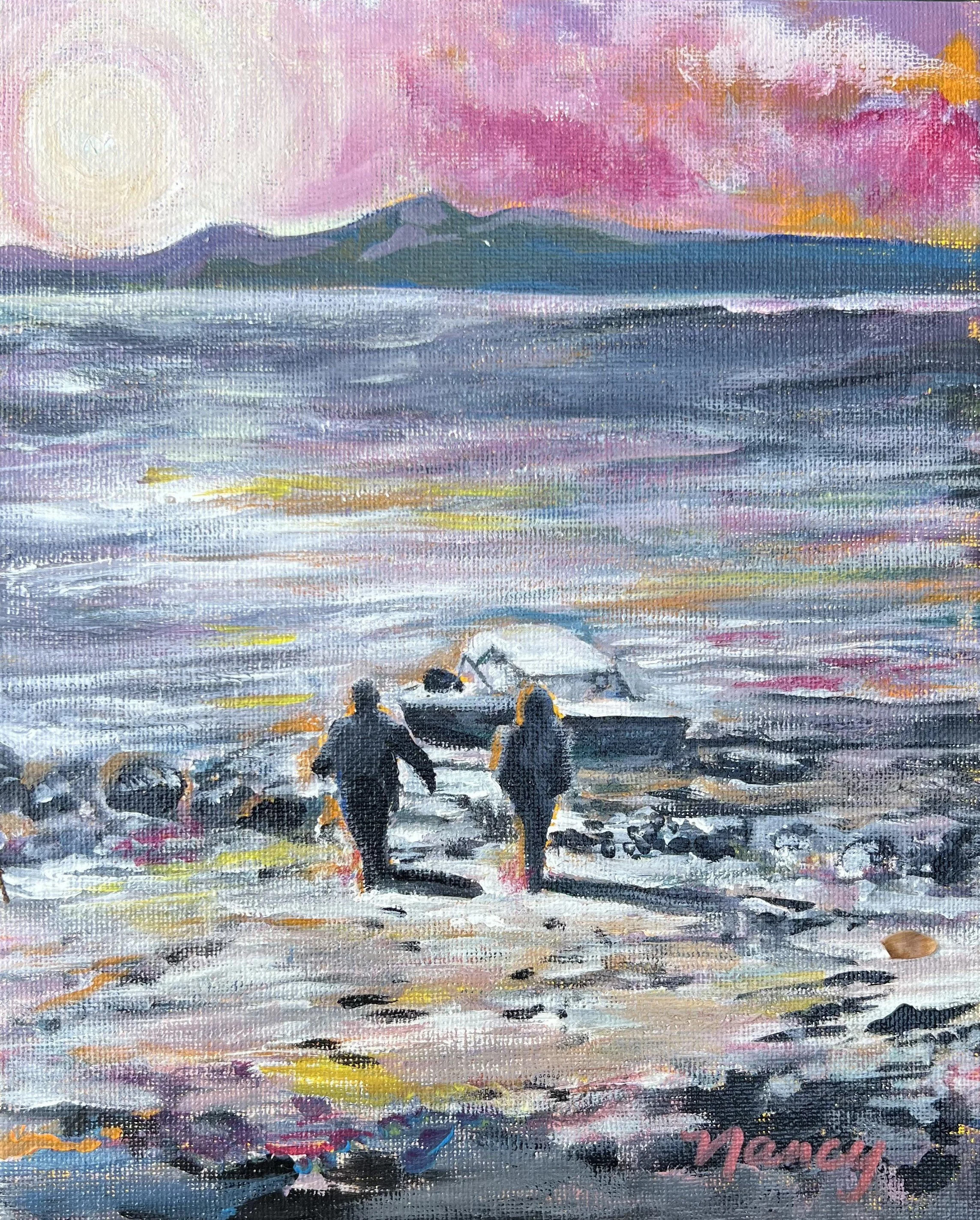 Arriving on the Beach, 2024. Acrylic on canvas board, 8 x 10". Sold.