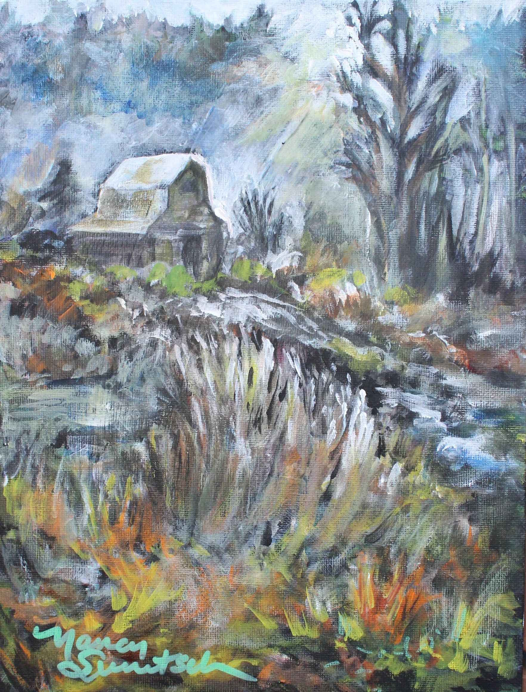 Barn in the Fog, 2026.  Acrylic on Canvas Panel, 9 x 12"