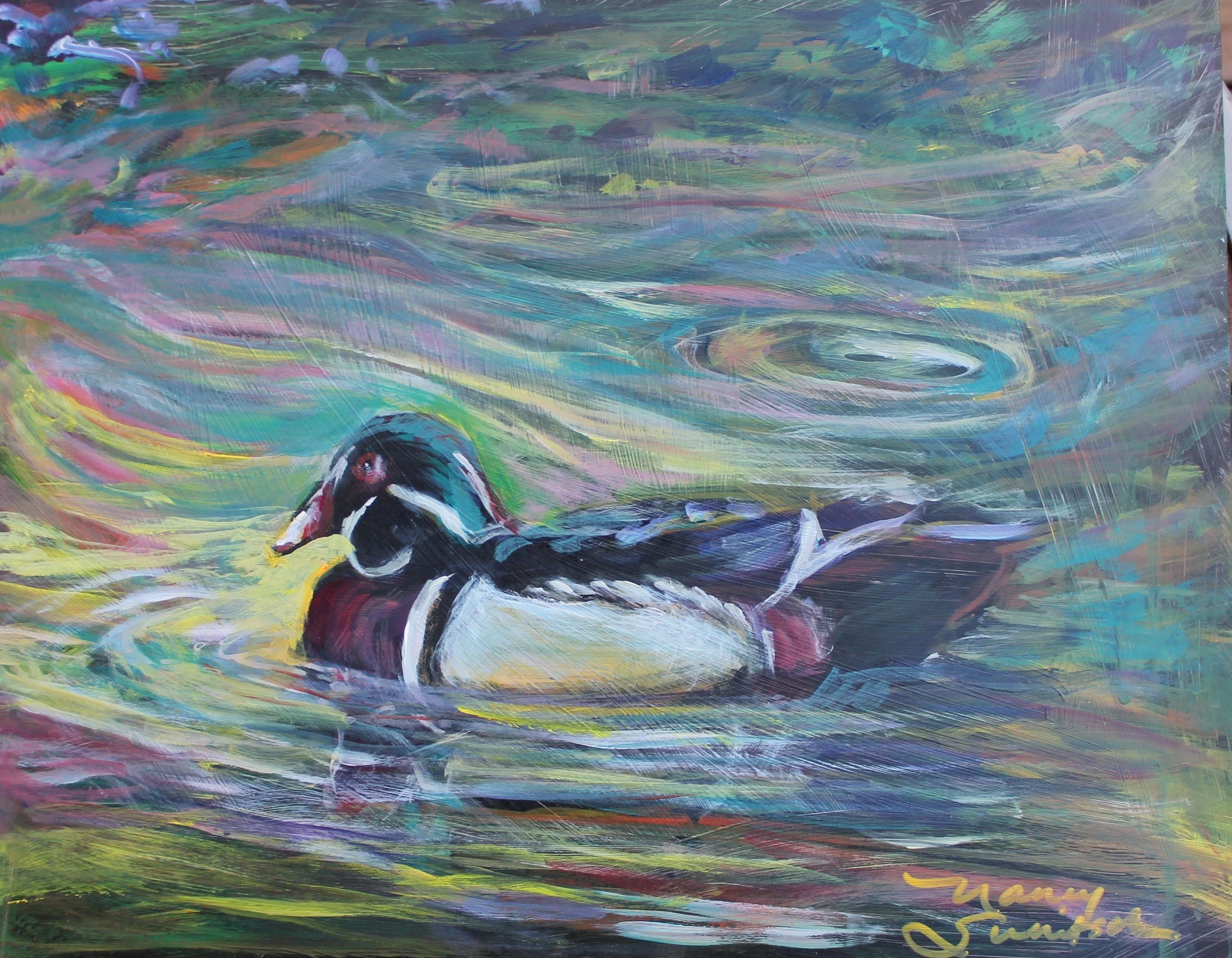 Spinning Wood Duck, 2026.  Acrylic on Wood Panel, 11 x 14"
