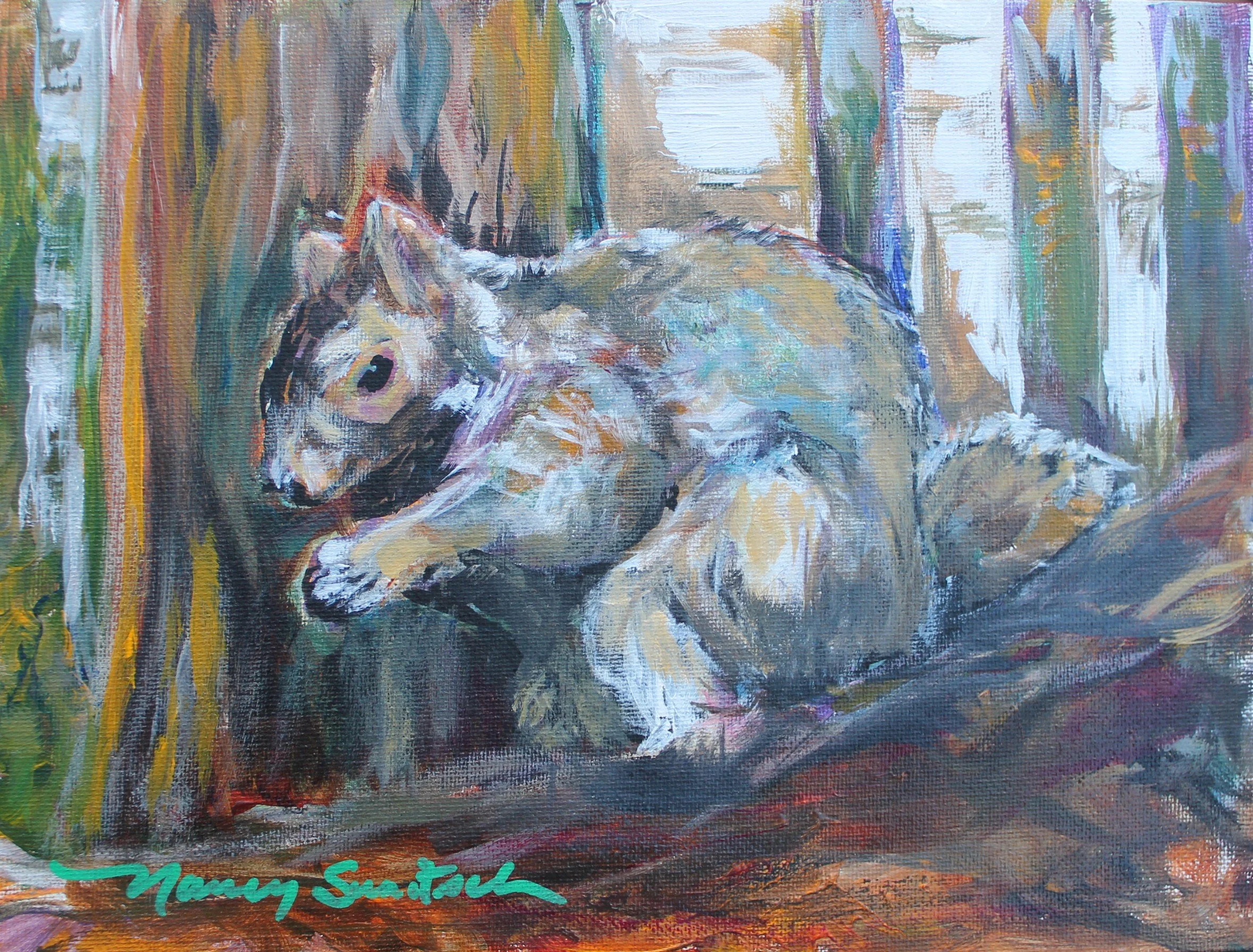 Grandma's Squirrel, 2026.  Acrylic on Canvas Panel, 9 x 12"