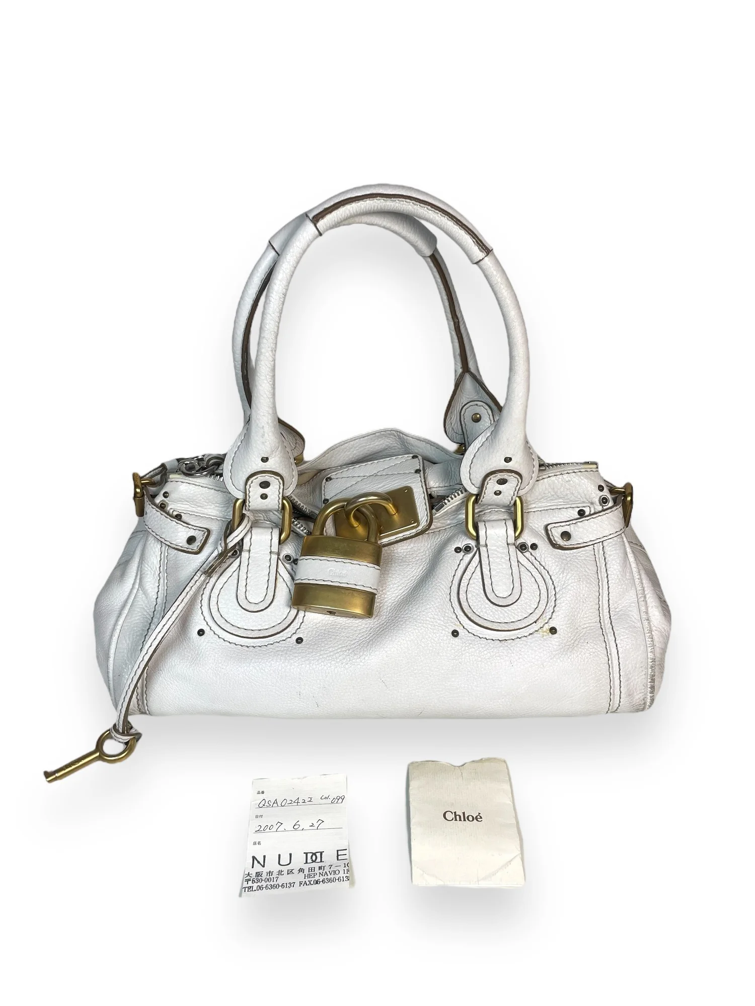 Chloé Paddington Medium Hand Bag White Chloe Paddington White Leather Handbag with Padlock & Studs