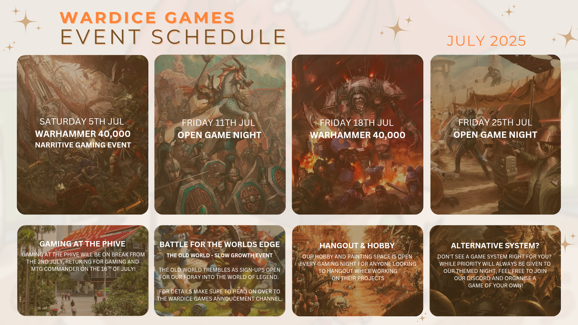 Wardice Games July 2025 event schedule poster with images of Warhammer scenes, a castle, a gaming event, and a hobby painting space. Events include Warhammer 40,000 narrative gaming and open game nights, with details about the schedule and alternative gaming options.