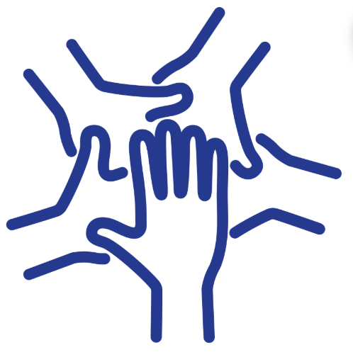 Grafik mit mehreren Händen, die sich in der Mitte berühren, Symbol für Zusammenarbeit und Teamarbeit.