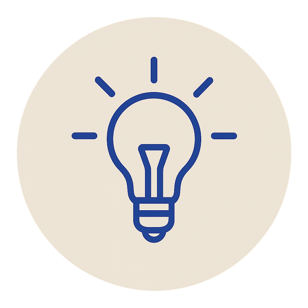 Symbol für eine Glühbirne mit Lichtstrahlen, symbolisiert eine Idee oder Erkenntnis.