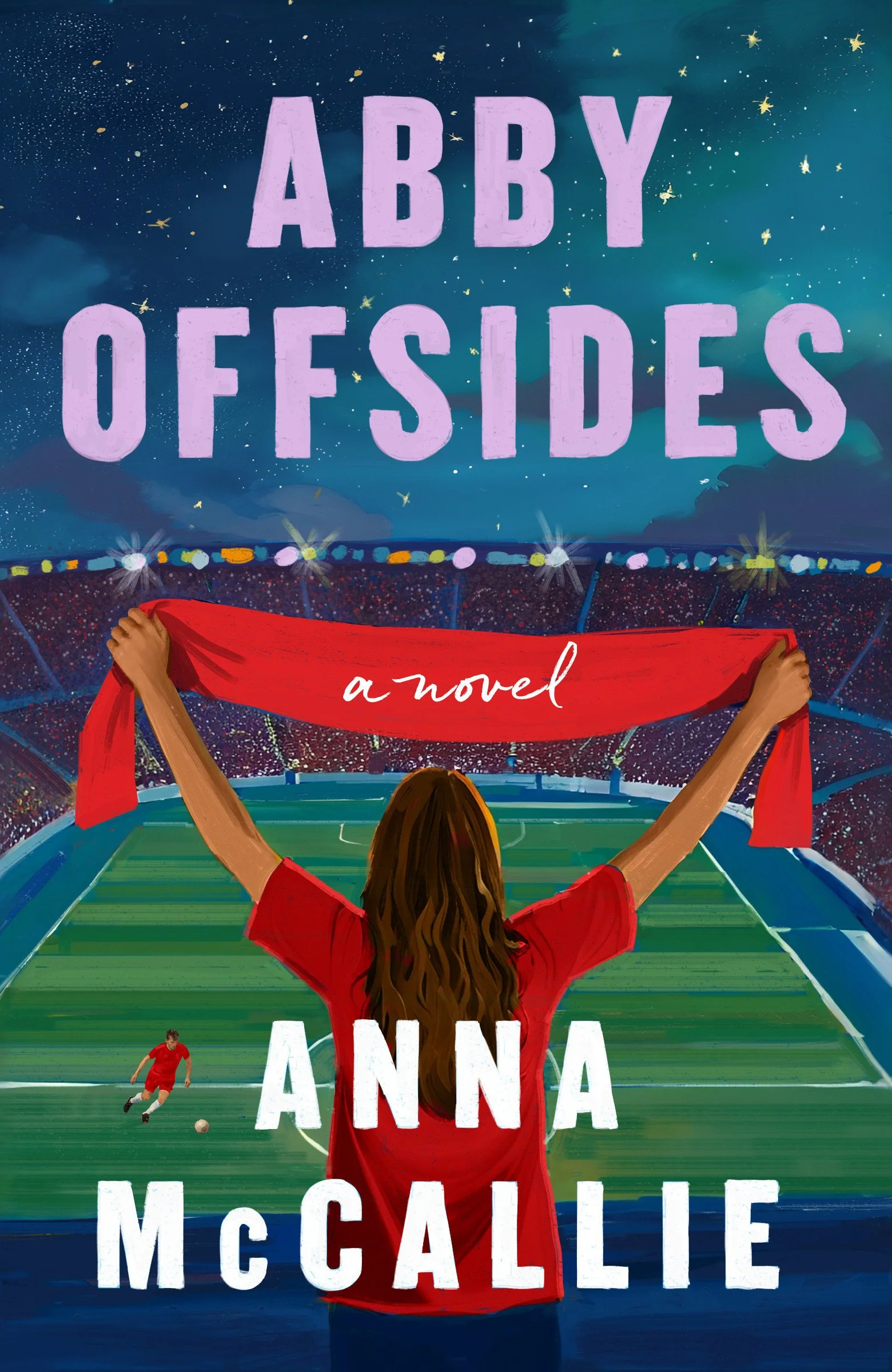 The Abby Offsides book cover, featuring a woman holding a red scarf up in a stadium, with a solitary player down on the pitch.
