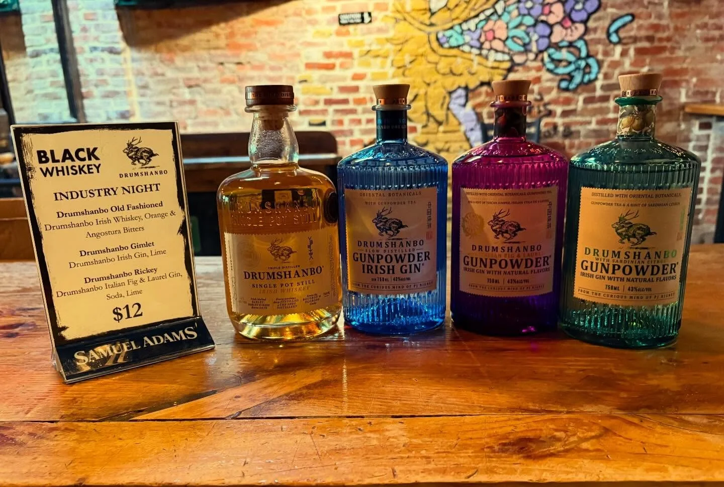 Industry Night tonight (4/13) featuring @gunpowder.gin @drumshanboirishginsa @drumshanbo_whiskey