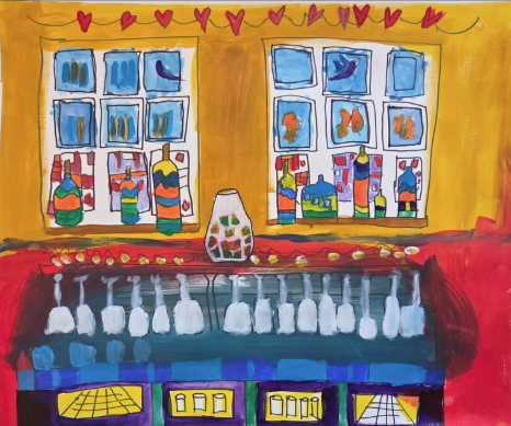Colorful friendly, folk-art-style painting of a bar with hanging wine glasses, string of hearts above like it's a light string, a hellow wall above and red wall below, and colorful imagery in the window panes behind the bar.