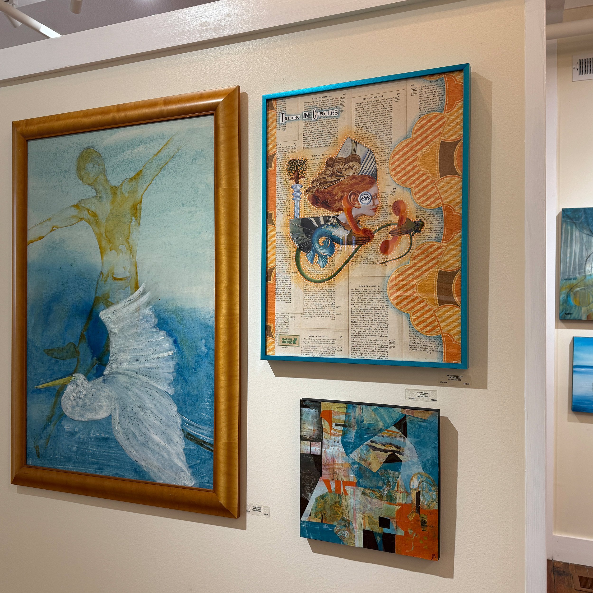 Featured art from our February exhibit; one figurative of a dove with blue background and two collage-style abstracts.