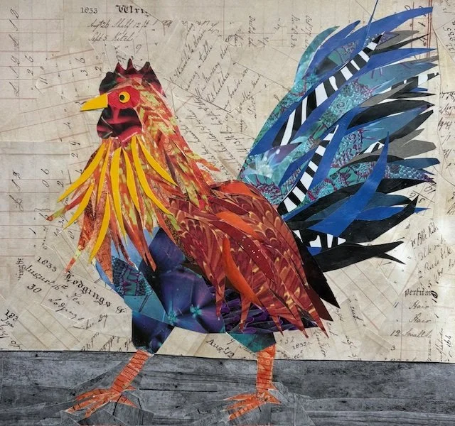 Collage art image of a rooster. There are random pieces of paper as the background wall with handwriting and vintage-style receipt headings. The rooster has bright yellow, red, and an array of blue tail feathers with the occasional black and white.