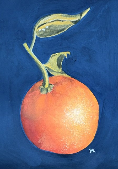 Gouache Glow Class, a gouache watercolor orange on a navy background by Suzanne Miller