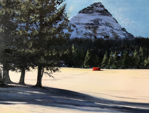 Landscape oil painting with trees, their shadows, a mountain and blue sky.