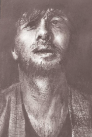 Charcoal drawing of a man with mustache and beard.