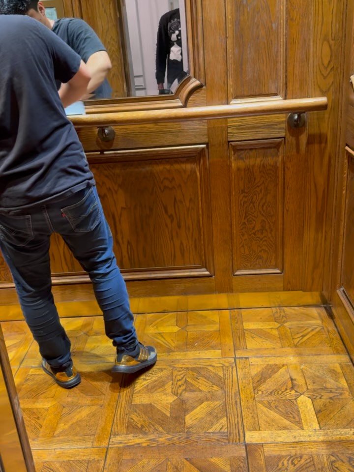 Before and After shots for an elevator project in Los Angeles. This is one of 15 elevators we are working on. 
Elegant parquet flooring - burial intricate side paneling - mirrors for an infinity look for the rides to your floor destination🤩 
#losang