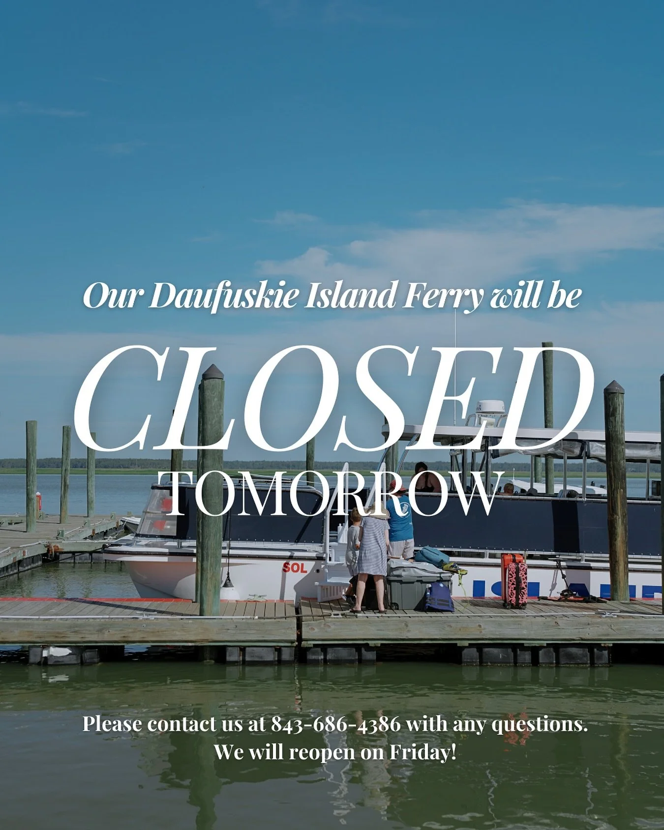 Holiday reminder! 🔔

Our Daufuskie Island Public Ferry will be closed tomorrow for Thanksgiving. 

Questions? Call 843-686-4386 💙

#hiltonhead #daufuskie #hhi #lowcountry #islandhead #ferryboat #thanksgiving #closed
