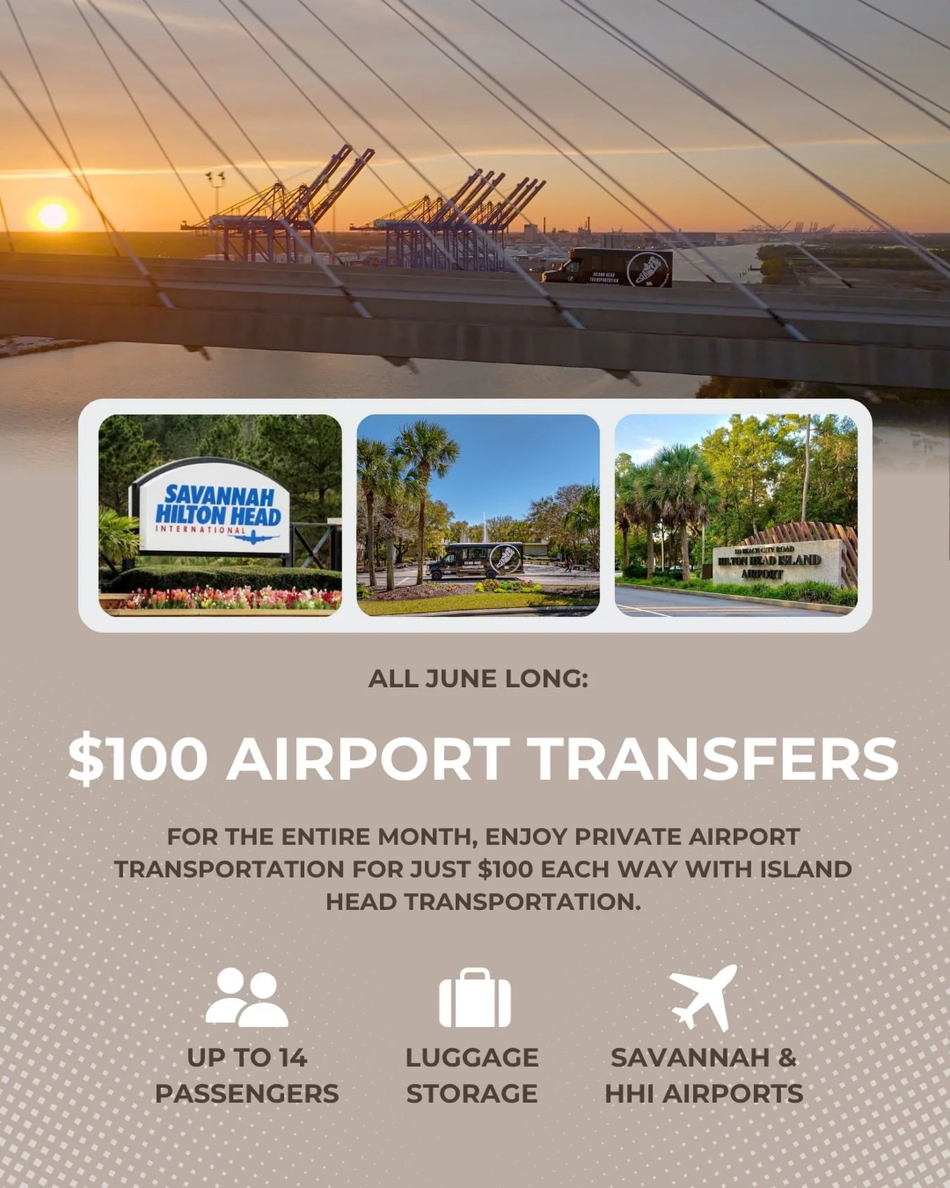 Skip the rental car lines, and the rideshare surge pricing 🚍

Enjoy $100 one way airport transfers for the month of June - available on our website!

🔗 islandheadluxury.com

#hiltonhead #hhi #airport #junepromo #transportation