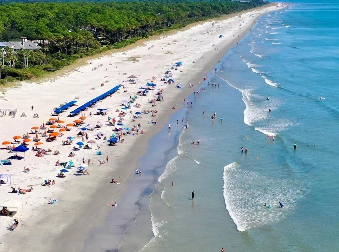 Aerial view of a sandy beach with people relaxing under colorful umbrellas and swimming in the ocean, surrounded by greenery.