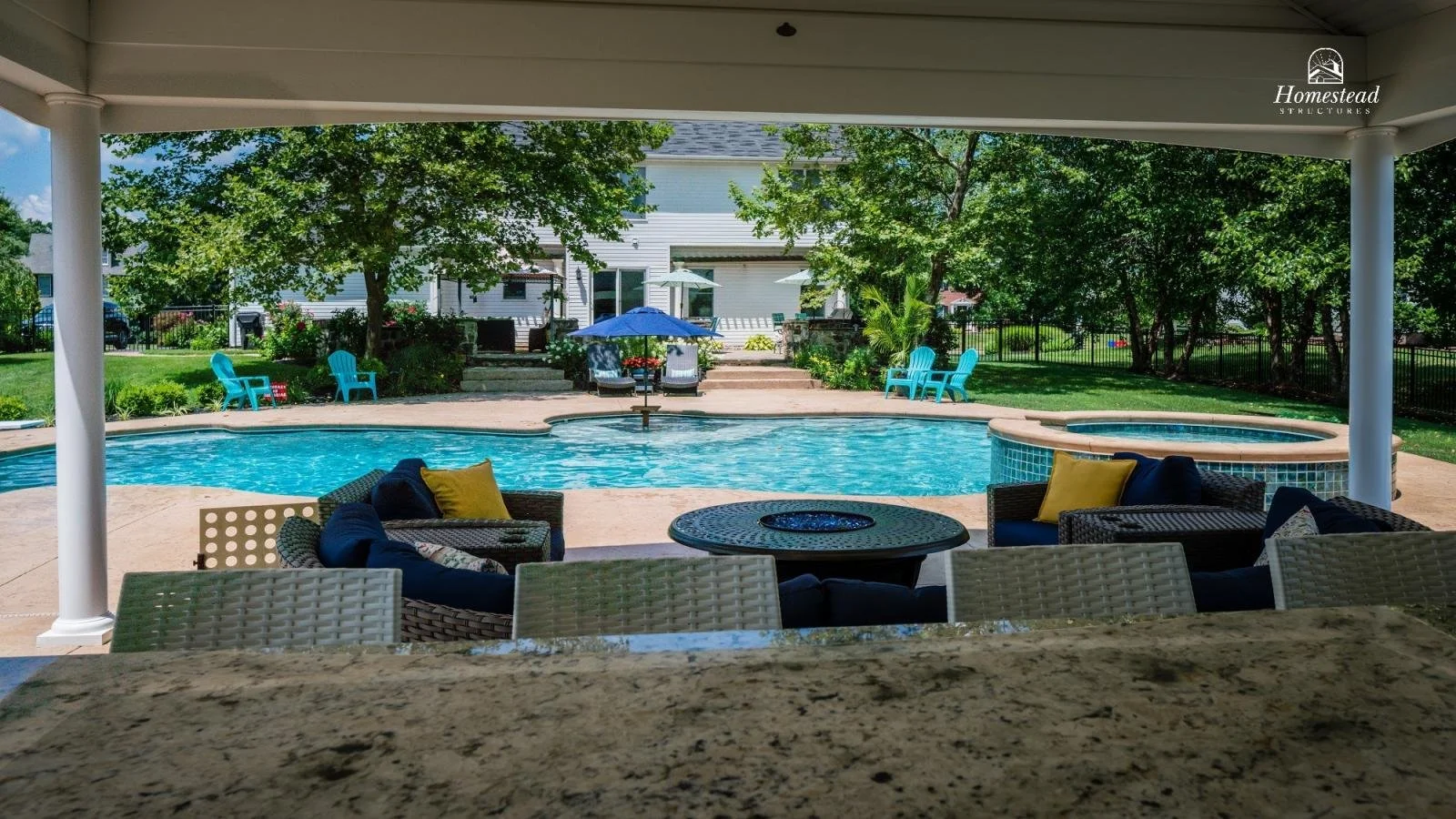 View of a backyard with a swimming pool, poolside chairs, a hot tub, and surrounding trees, from under a covered patio.
