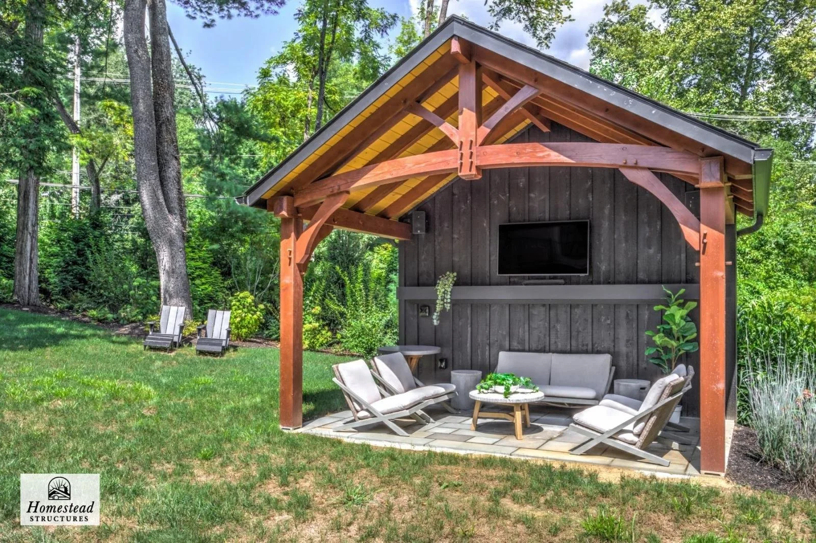 Outdoor backyard seating area with a covered patio, black wooden wall, TV, and lawn chairs, surrounded by trees and greenery.