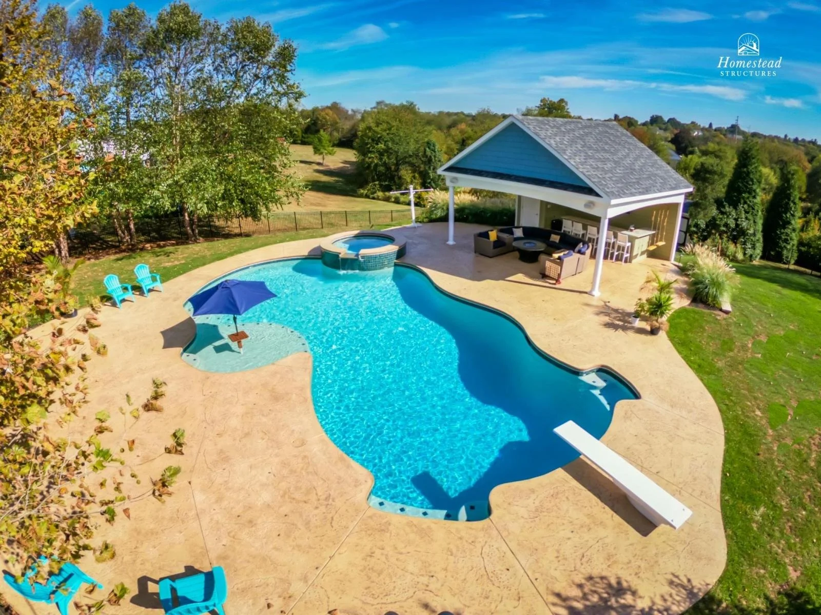 A backyard with a swimming pool, hot tub, and covered patio area; outdoor furniture, an umbrella, and a water slide; surrounded by trees and grass under a blue sky.