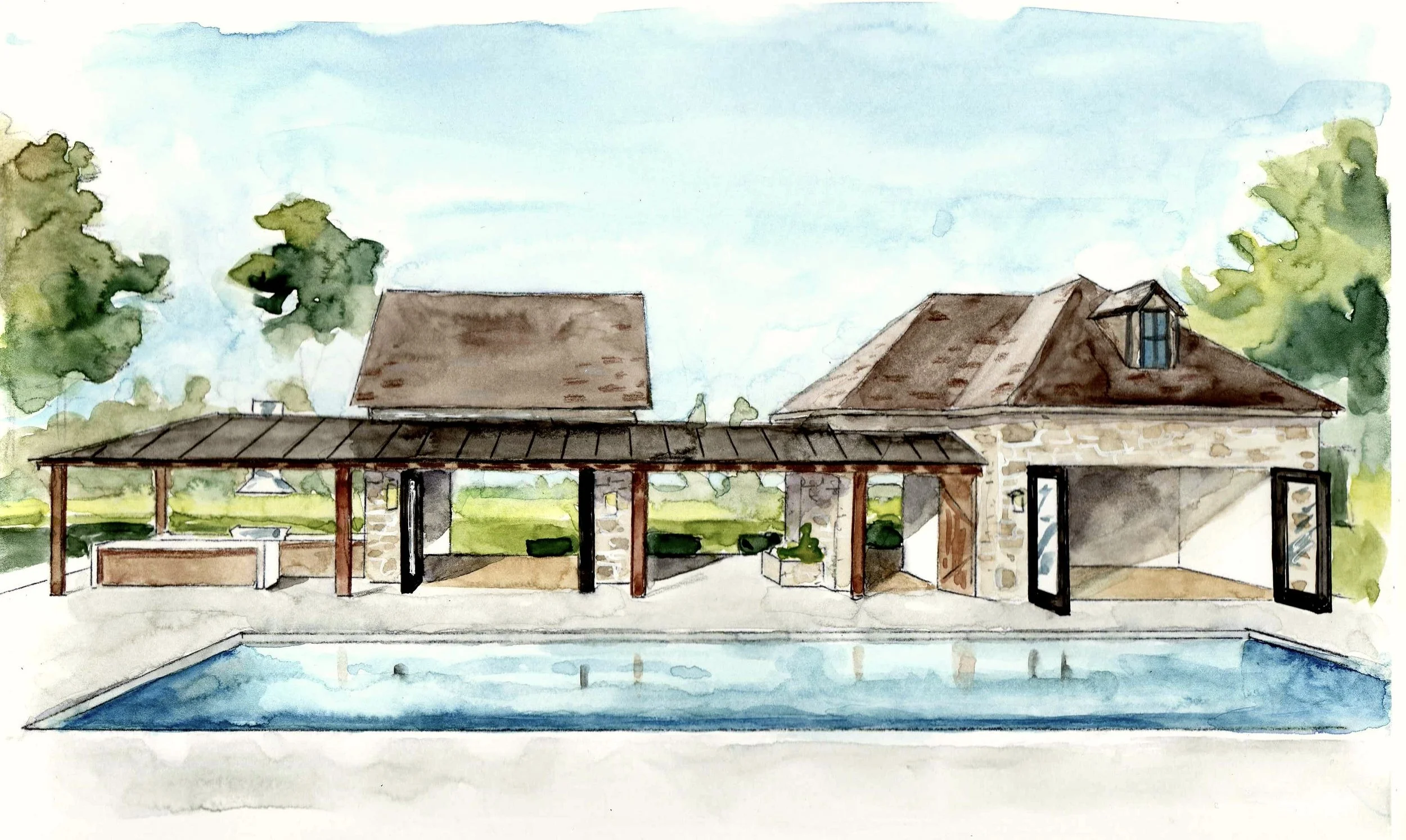 Watercolor illustration of a backyard scene with a swimming pool, a covered outdoor pavilion with a metal roof, and a stone house with a sloped roof and windows, surrounded by trees and greenery.