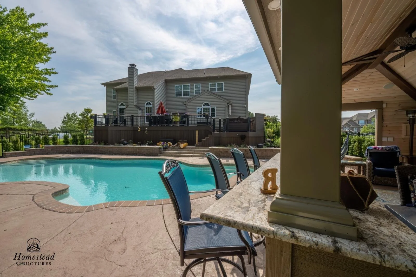 View of a backyard with a swimming pool, patio seating, and a large house in the background. The photo is taken from underneath a covered patio area.