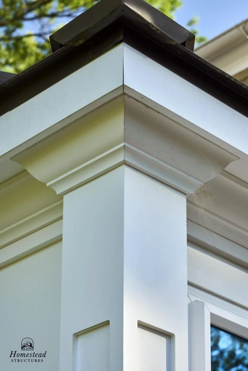 Close-up of a corner of a house showing white siding and decorative molding with a black roof edge and a background of green trees and blue sky.