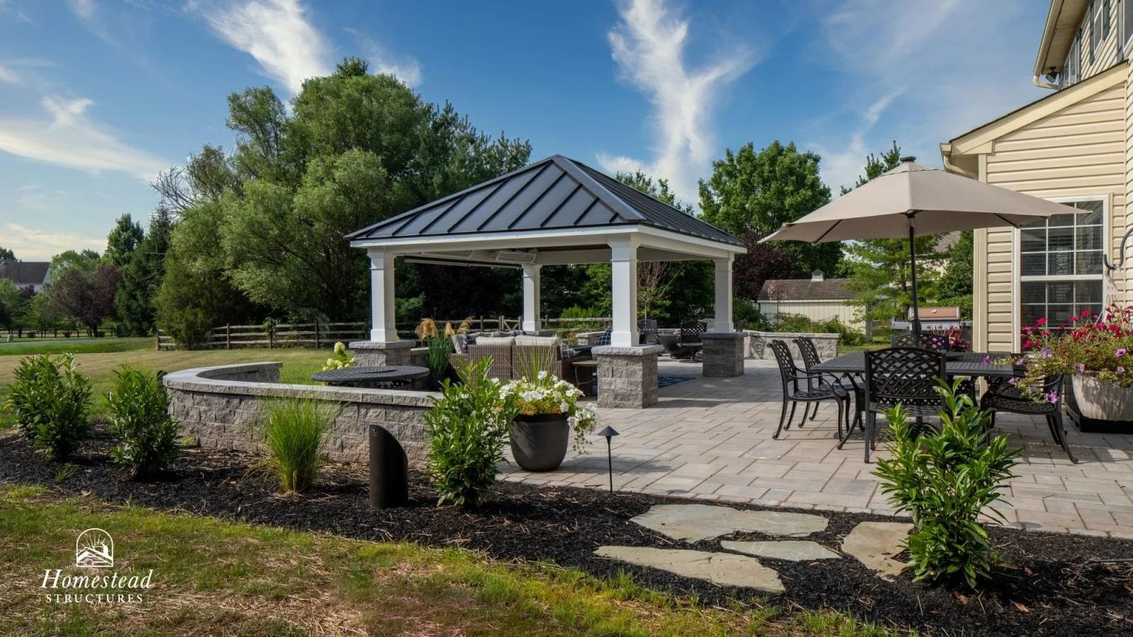 A spacious backyard patio with a covered pavilion, outdoor seating, and a large umbrella. Landscaping includes potted plants, shrubs, and a stone pathway, with trees and a clear blue sky in the background.