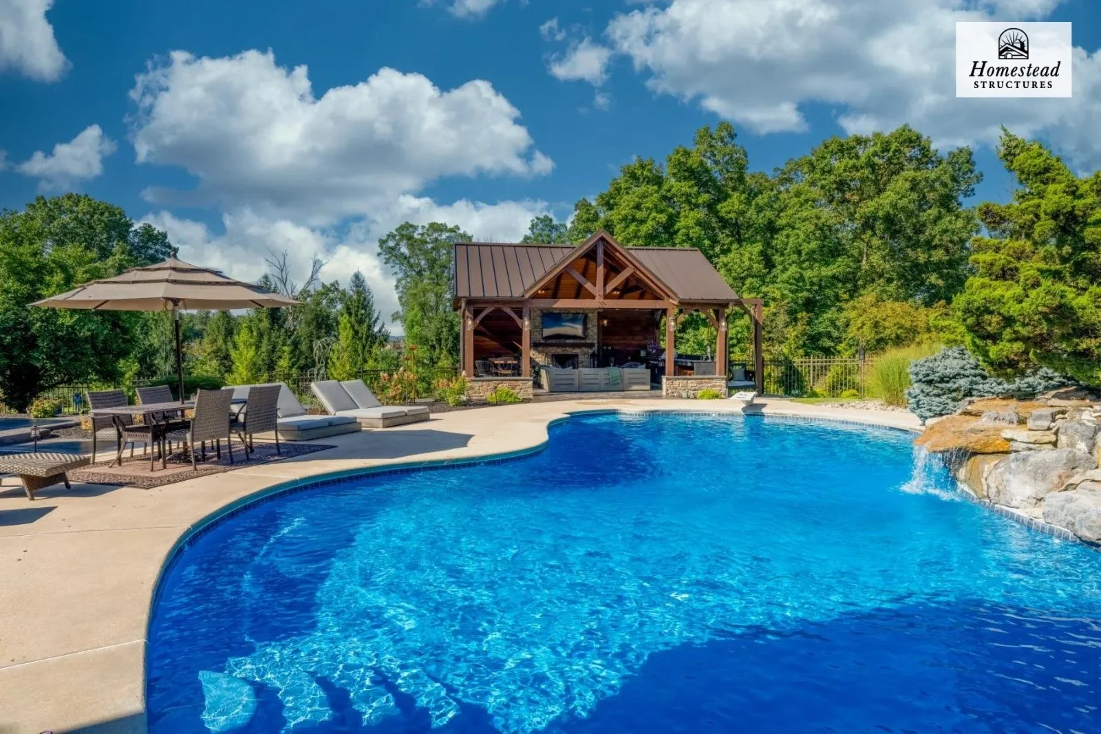 A backyard with a kidney-shaped swimming pool, surrounded by patio furniture including umbrellas and lounge chairs. There is a wooden pergola with outdoor seating and a fireplace or TV, with lush green trees and a blue sky with scattered clouds in th